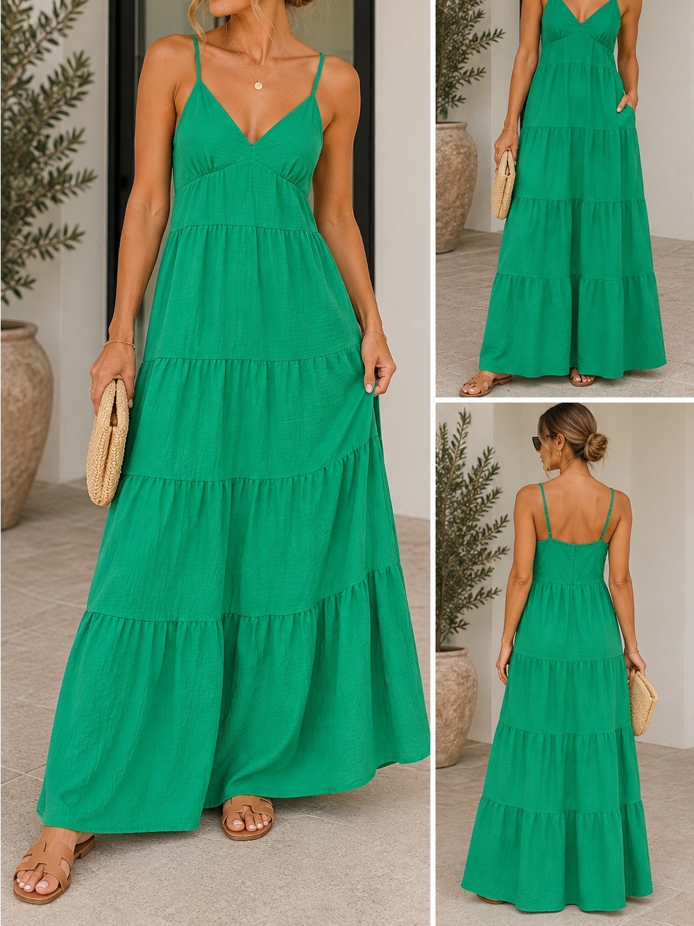 Monteau Emerald Green Tiered Spaghetti Strap Maxi Dress